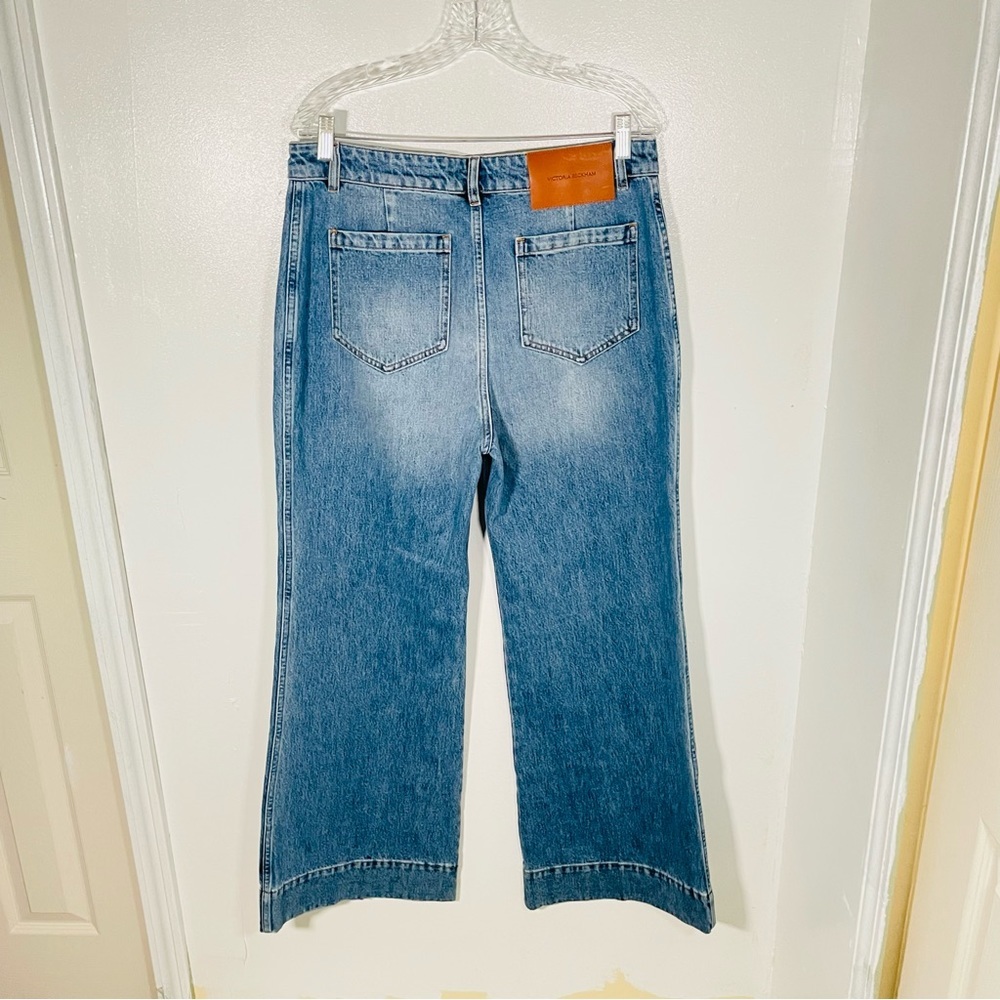 Victoria Beckham Alina High Waist Wide Leg Jeans Worn Blue Wash Distressed Denim - Picture 9 of 11